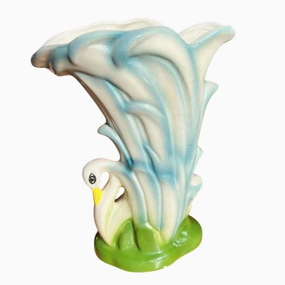 Vtg Swan Ceramic Vase Planter Blue‎ Green White MCM Unsigned McCoy Pottery Retro